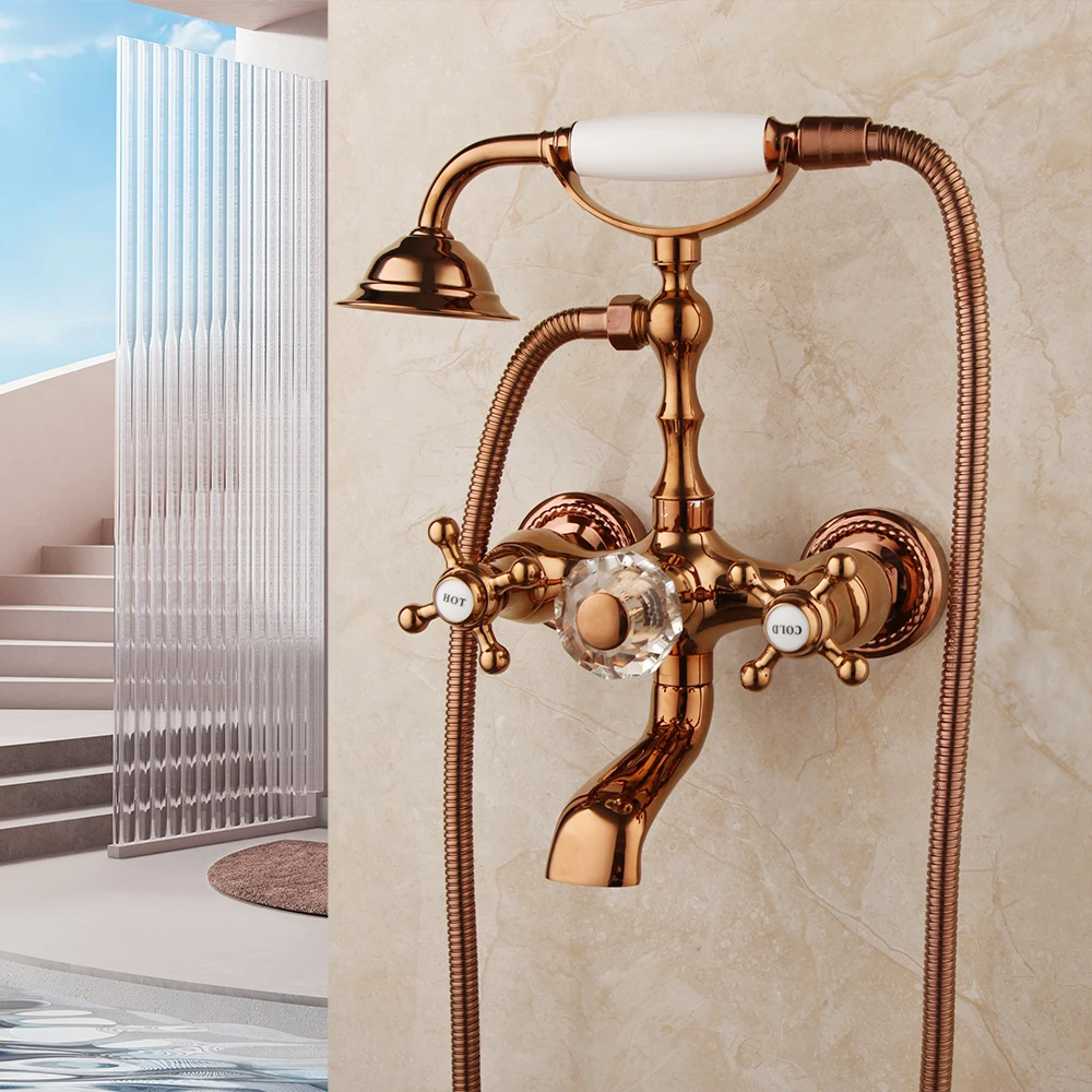 

YANKSMART Telephone Shape Rose Gold Wall Mounted Bathroom Bathtub Mix Tap 2 Functions Hand Shower Stream Spout Shower Set Faucet