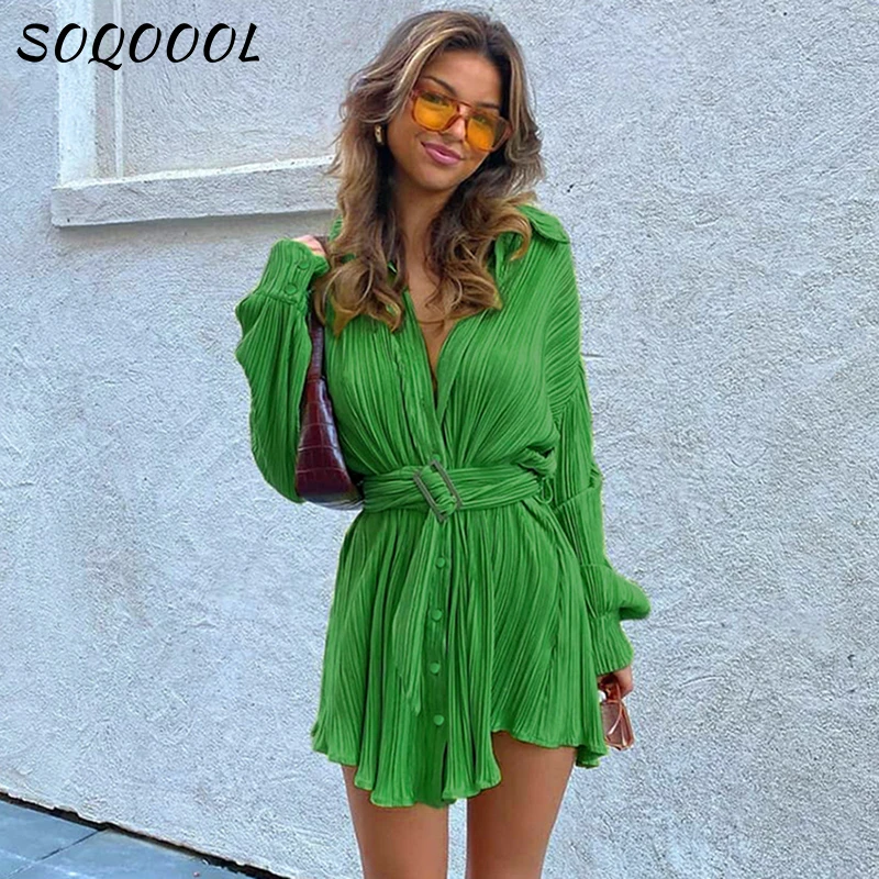 

Женское Плиссированное Платье-рубашка, зеленое однобортное свободное платье с длинным рукавом и поясом, элегантная офисная одежда, лето 2022