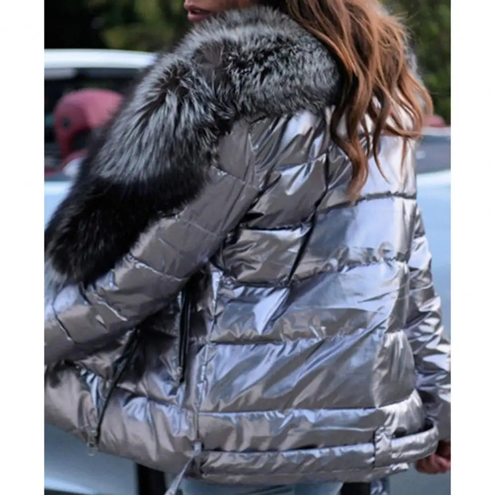 Women Plain Lapel Long Sleeve Belted Winter Parkas Bright Surface Ladies Faux Fur Collar Puffer Jacket
