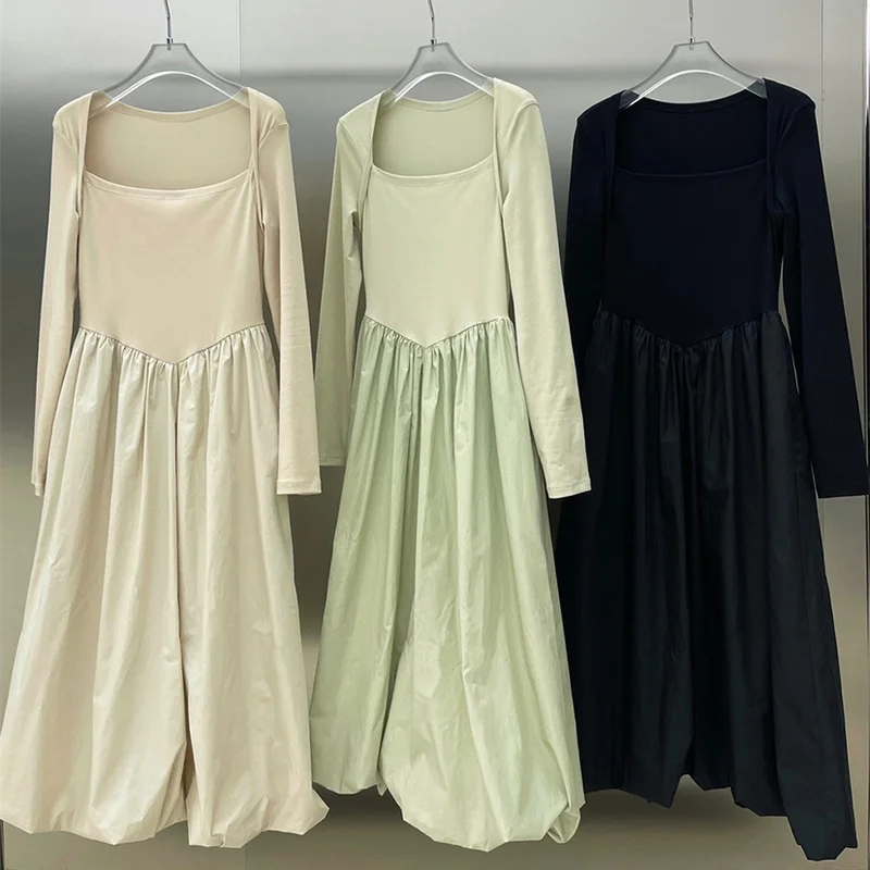 

Fall 2022 New Fashion Vestido De Mujer Solid Color Long Sleeve Square Neck Woman Dress Temperament All-match Maxi Dresses