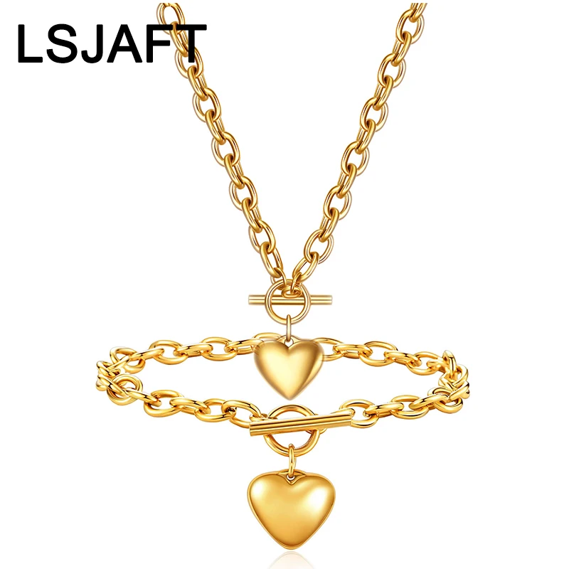 

Fashion Gold Plated Heart Cuban Link Chain OT Toggle Bracelet Necklace Set Women Stainless Steel Chunky Thick Chain Jewelry Gift