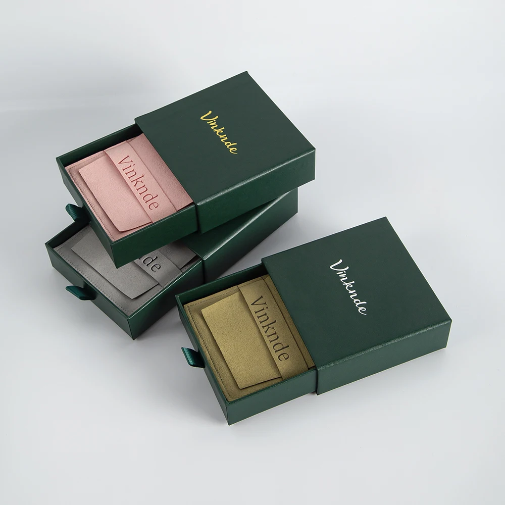 Green Product Package Boxes Custom Logo Print Sliding Drawer Carton Jewelry Packaging Organizer Box Case Microfiber Pouches Bags