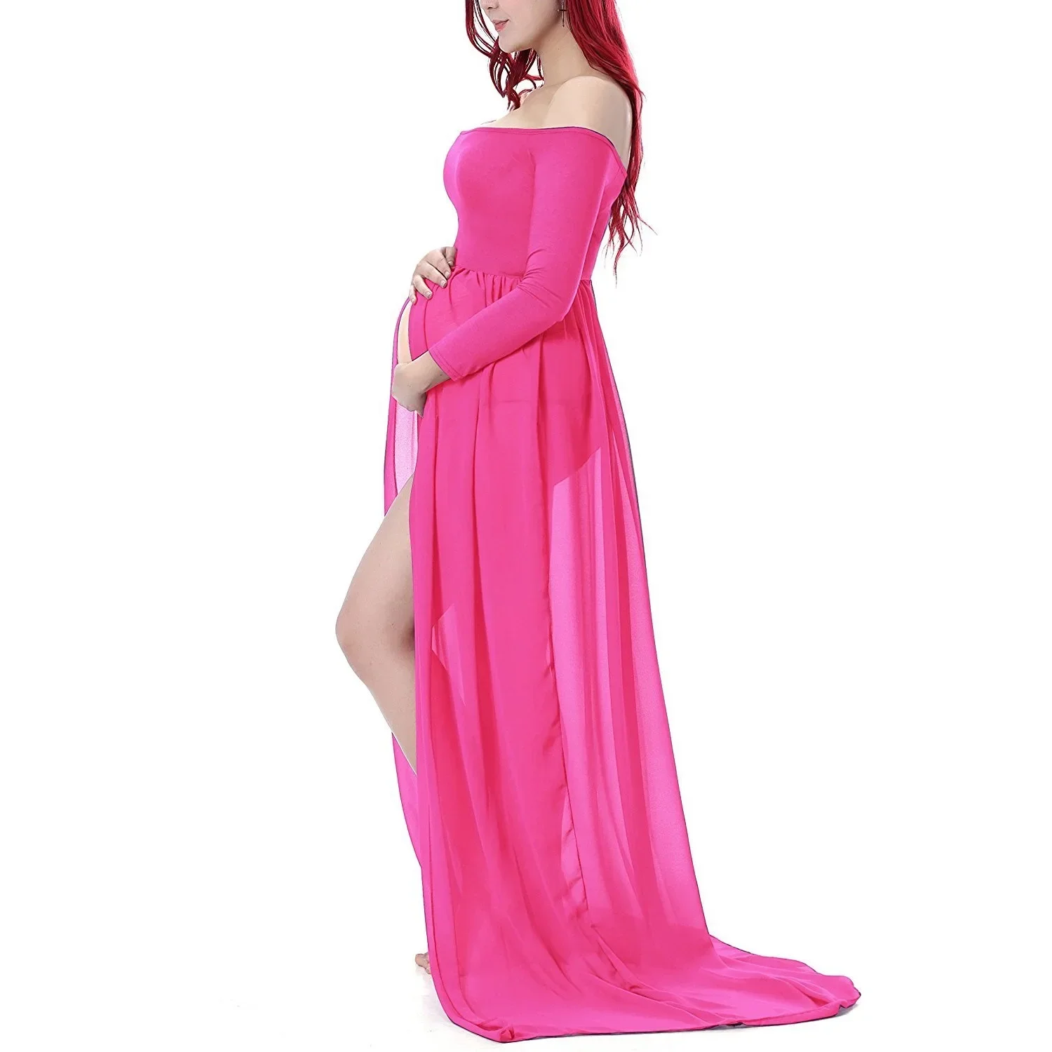 Платье для беременных с открытыми плечами длинным рукавом и разрезом спереди