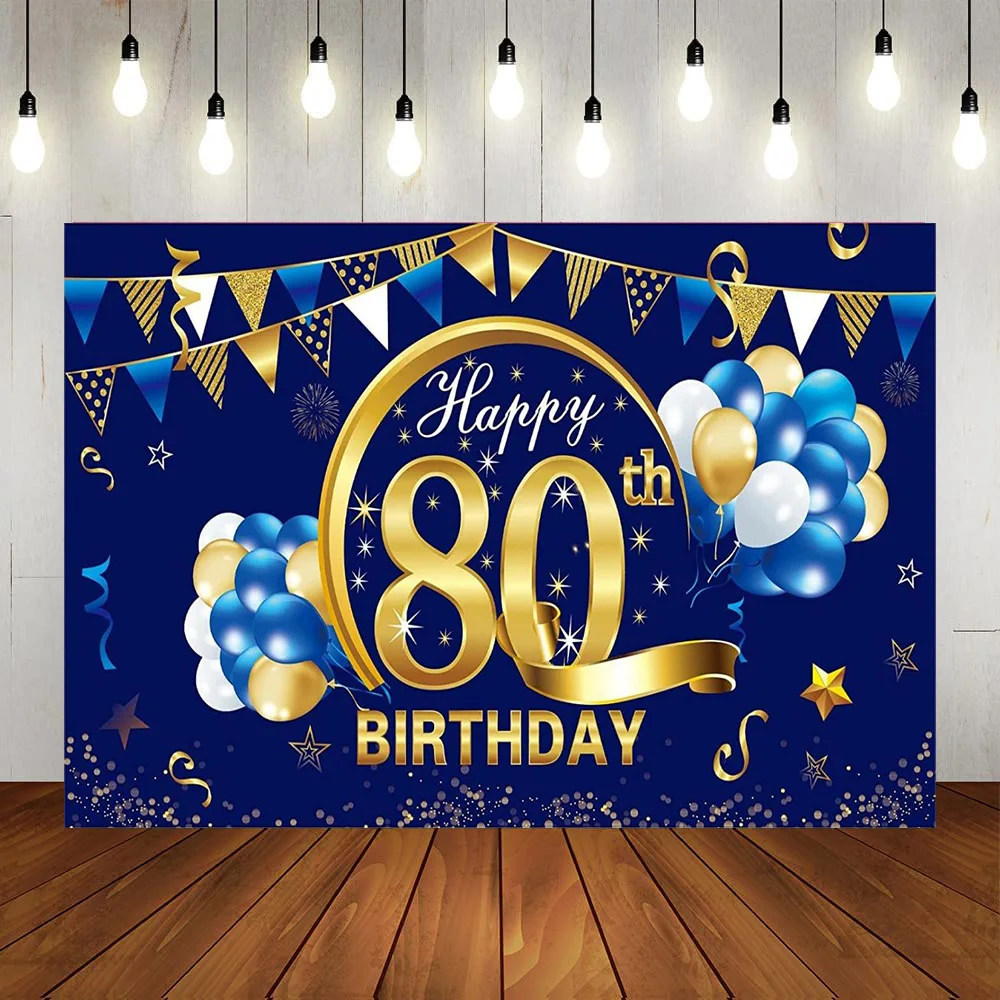 

Happy 80th Birthday Party Backdrop Decoration Blue Gold Balloon Diamond Photography Background Eighty Year Anniversary Poster