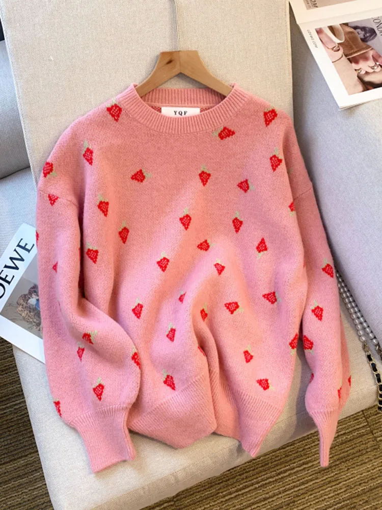 

QOERLIN Pink Sweater Women Strawberry Korean Fashion Loose Casual O Neck Thick Pullovers Long Sleeve Knitted Tops Jumper Pulls