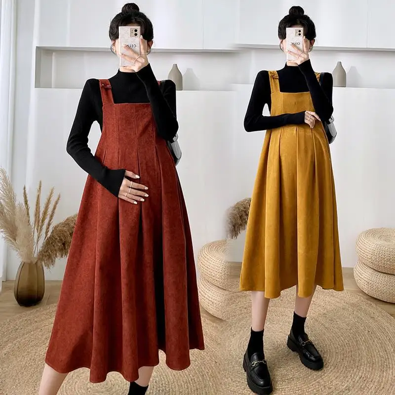 New Pregnant Women's Back Skirt Spring and Autumn Fashion Wear Net Red Suit Skirt Corduroy Two-piece Dress