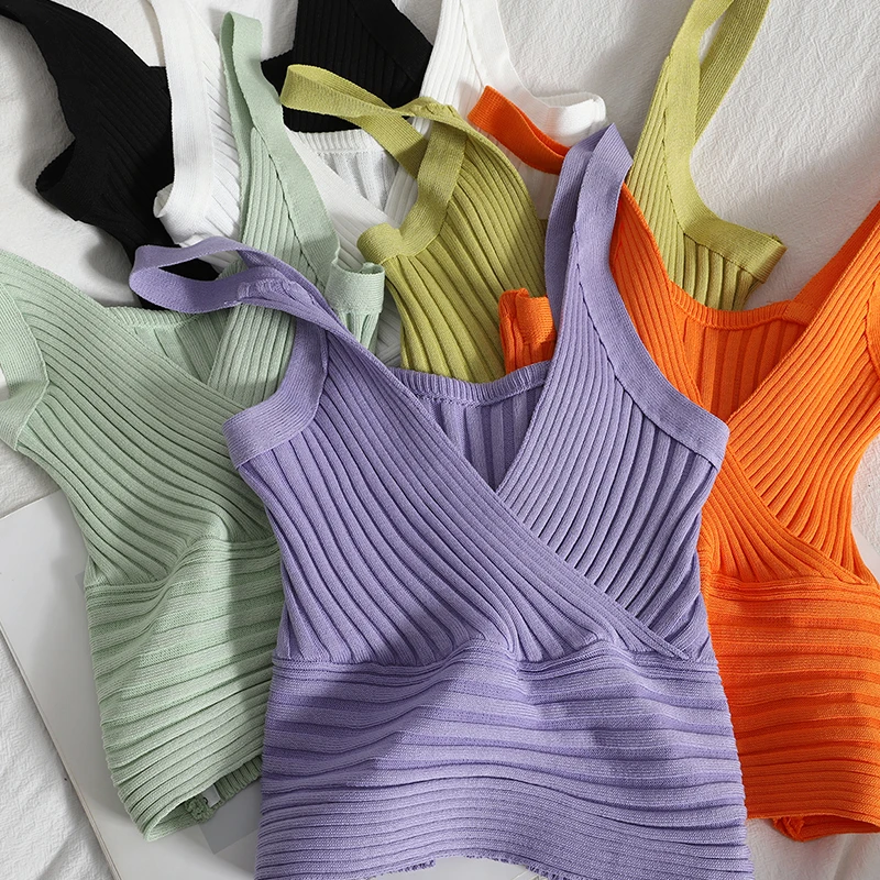 

Knitt Deep V-Neck Sleeveless Summer Crop Top Y2k Women Casual Basic Clothing Screw Thread Camisole Slim Tank Tops Dropshipping