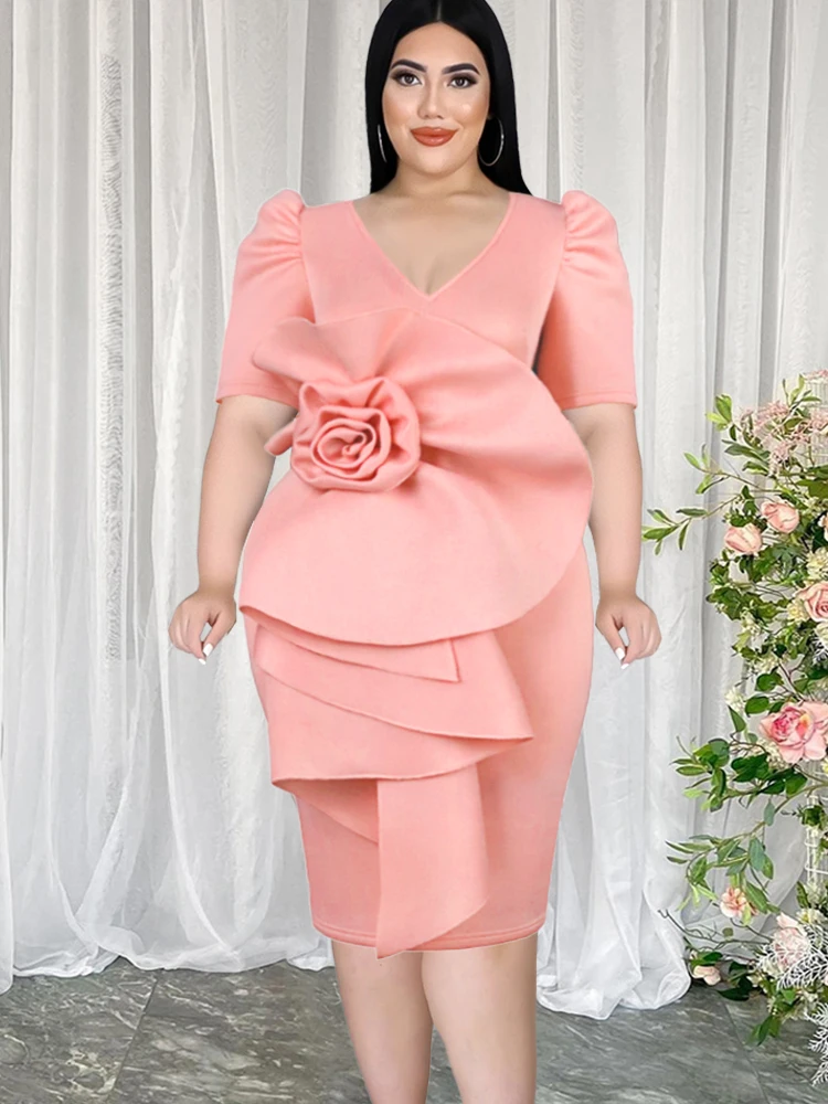 Plus Size Floral Dresses for Women 2023 Elegant Pink Short Sleeves Big Flower Ruffles Package Hip Event Prom Occasion Homecoming