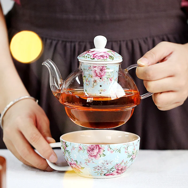 

Flower Tea set With Filter Ceramic Tea cup saucer Heat-resistant Teapot And Cup For One Person Drinkware British Afternoon Tea