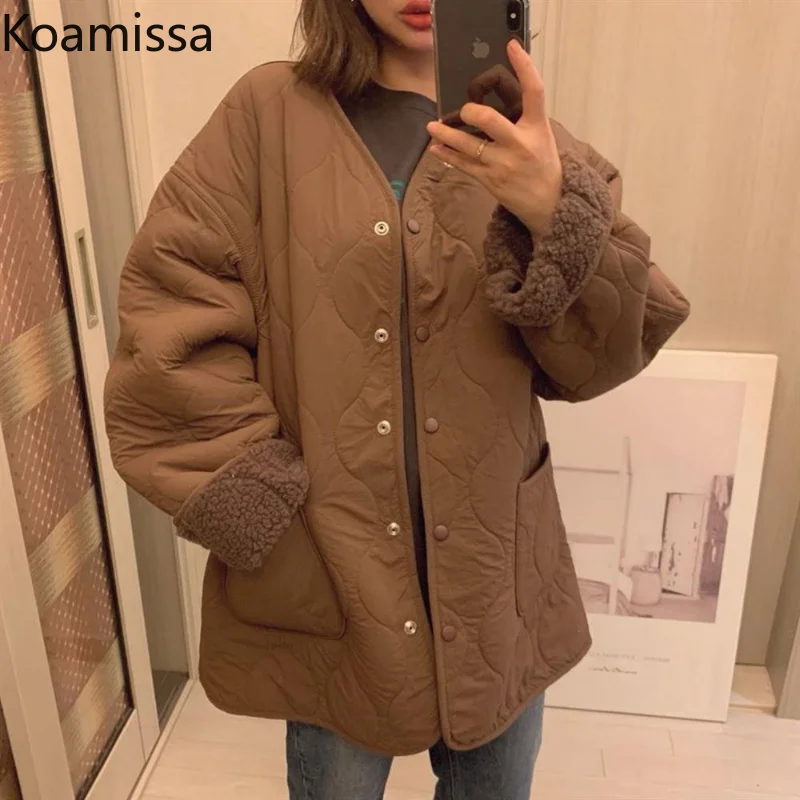 Koamissa Chic Korean Women Parkas Ladies Single Breasted V-neck Causal Loose Quilted Coats Femme Retro Lamb Wool Outwear Jackets