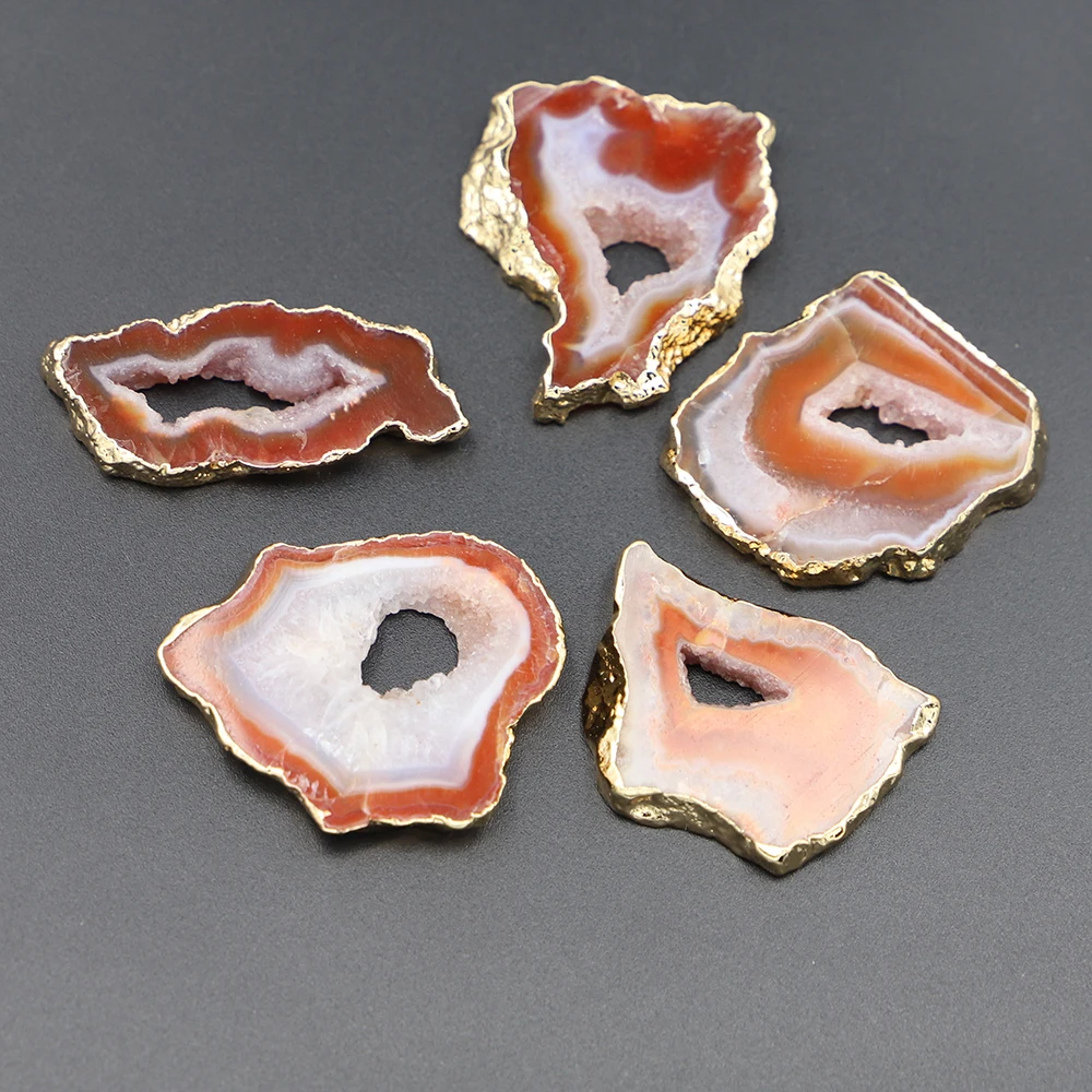 Natural Stone Agates Irregular Geode Polished Gold Crystal Slice Pendants Decoration Brazil Healing Reiki Mineral Home Decor 1PC