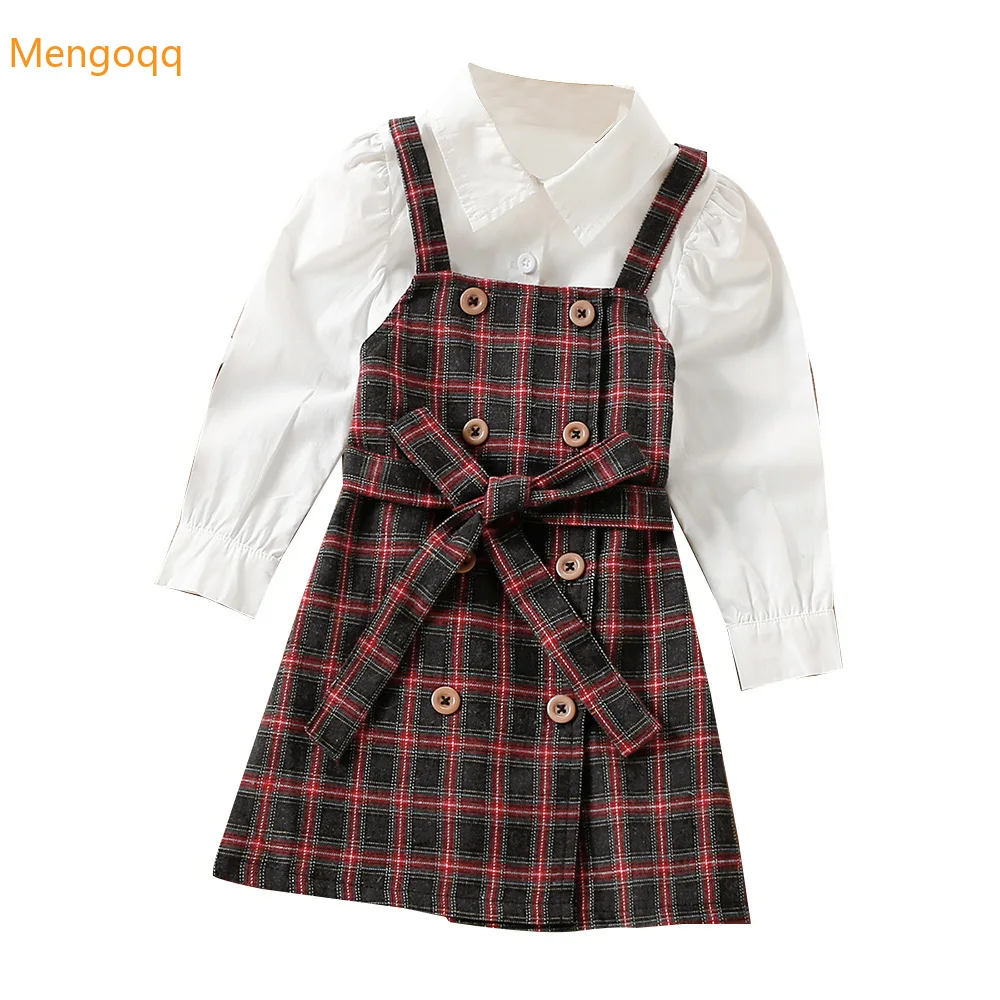 

Рубашка с длинным рукавом для девочек, однотонная клетчатая кофта с поясом и открытыми плечами, комплект одежды для маленьких детей от 18 мес...