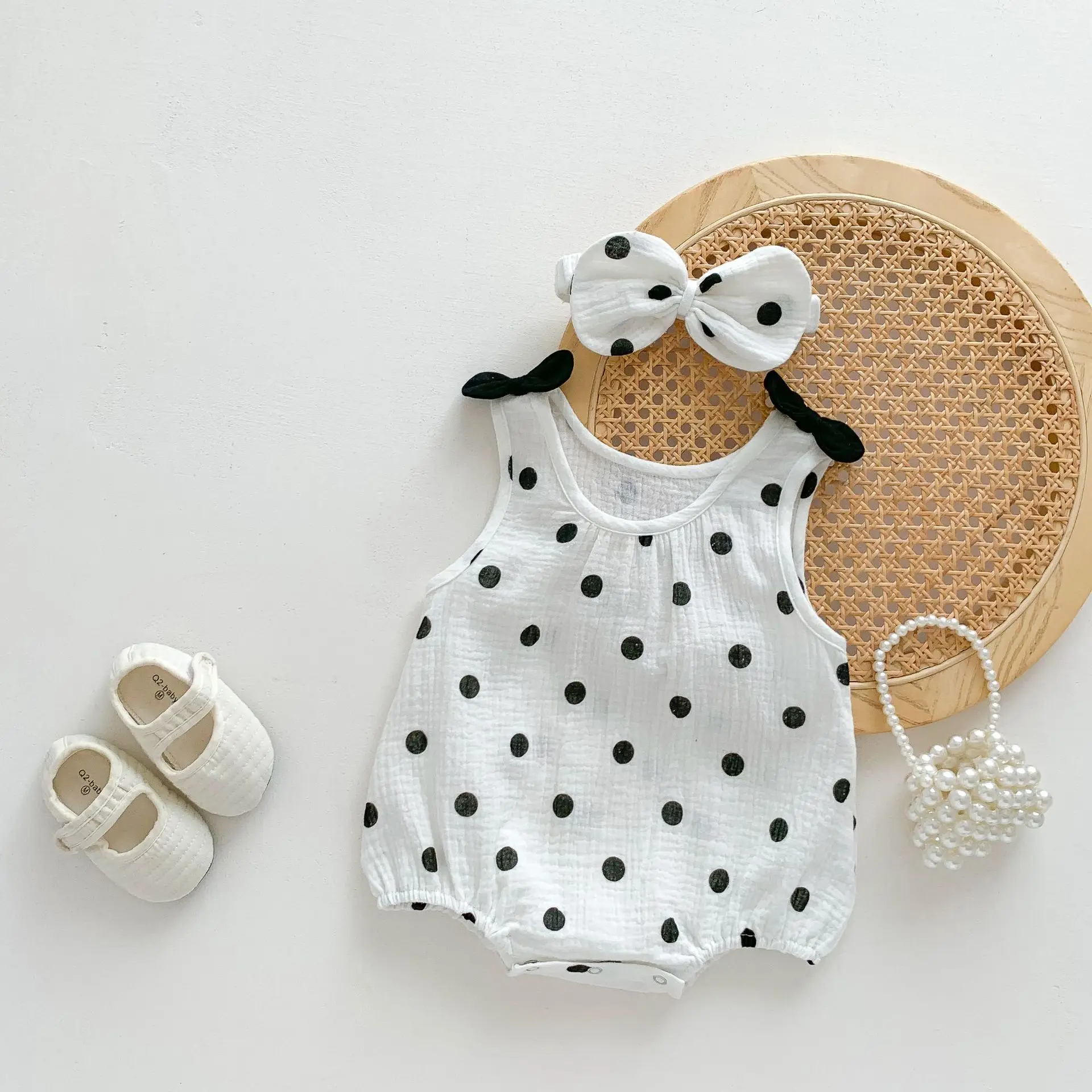 

Summer Baby Girls Jumpsuit Fashion Polka Dot Romper with Headband Infant Muslin Clothing Sleeveless Onesie Toddler Costume