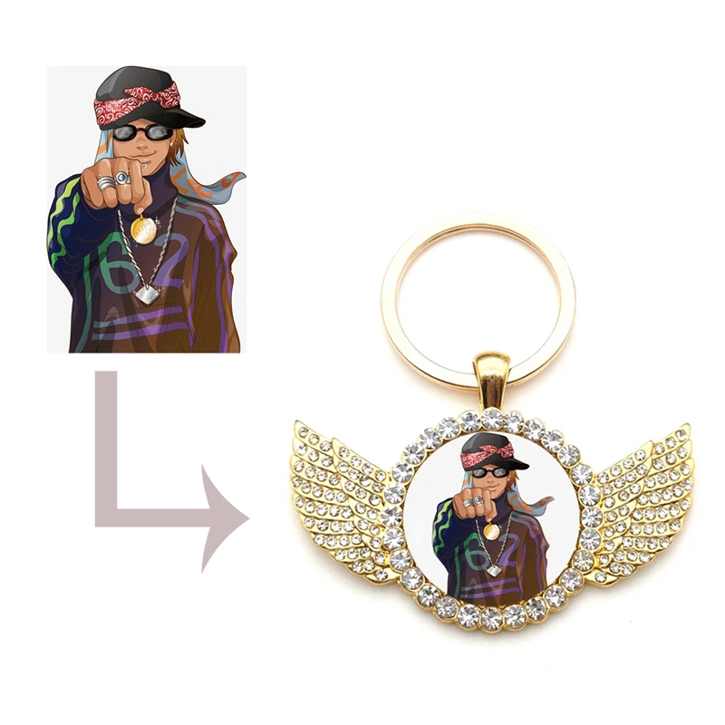 Gold Custom Made Photo with Wings keychain Round Medallions Pendant keychain Men Hip Hop Jewelry Personalized Zircon Chains Gift