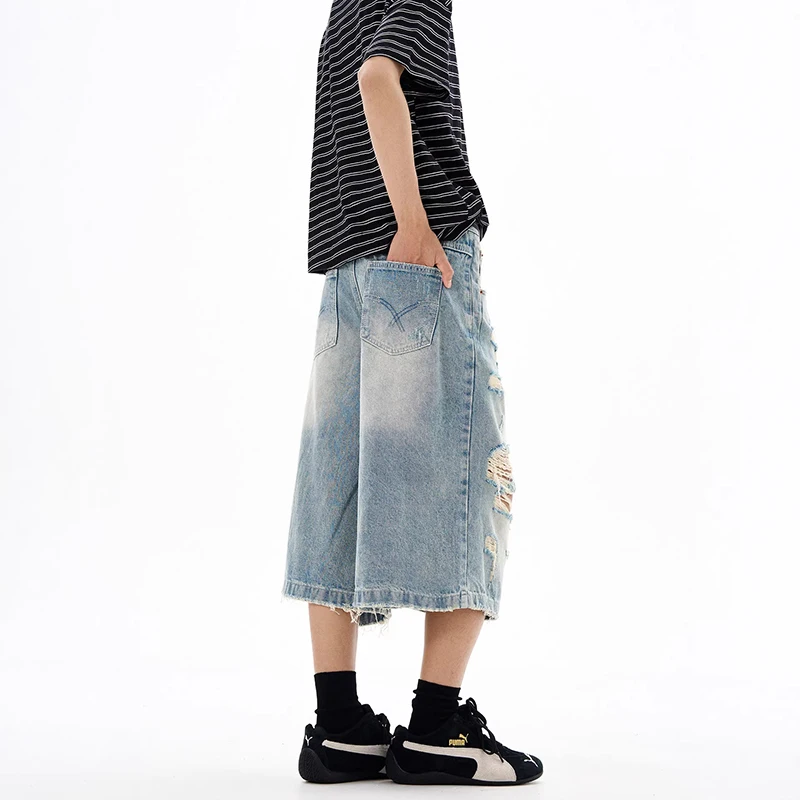 Мужские джинсовые шорты WTHT Fashion с градиентным эффектом, рваными краями и винтажным дизайном, летние, свободного кроя, в стиле High Street, модель 2026, 2A3127 (art.: 3920db1edfb8b) - 3920db1edfb8b