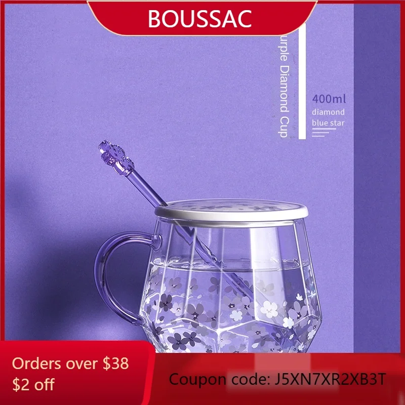

Glass Coffee Cup Blue Star Flower Diamond Lavender Ins Feng Shui Cup Cute Glass Breakfast Milk Coffee Cup Home Drinkware