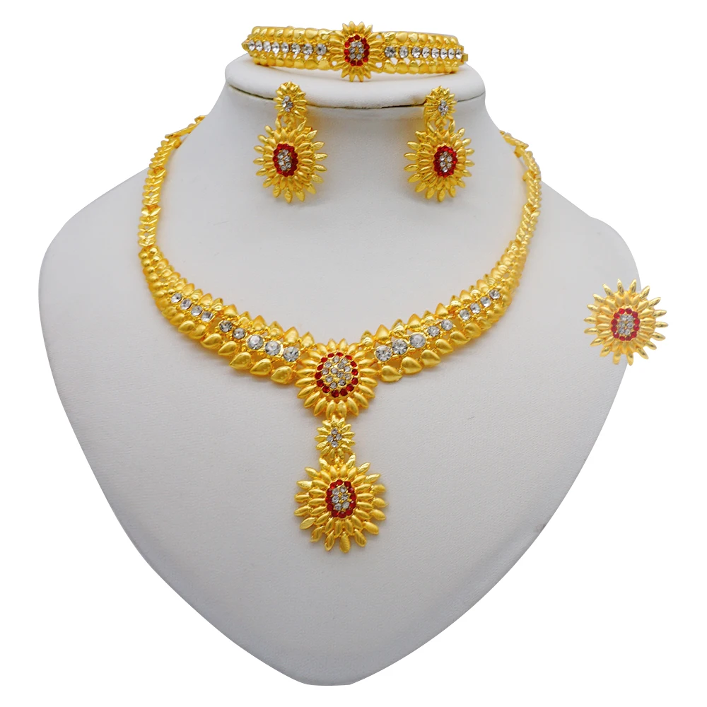 

Jewelery Set Necklace Sets For Women Dubai African Gold Color Jewelry Set Bride Earrings Rings Indian Nigerian Wedding Gift