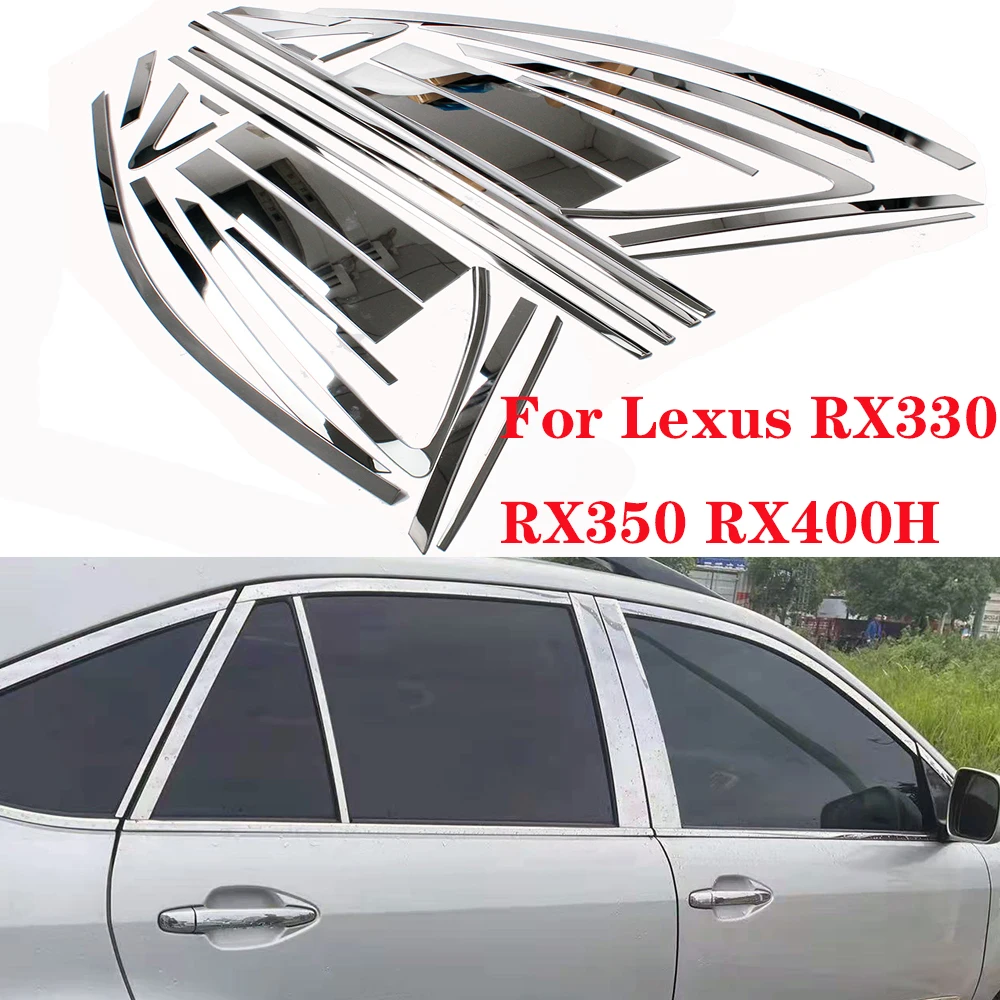 26PCS Stainless steel Car Window Pillar Post Upper+Lower Window Sill Frame Strips Cover Trim 04-09 For Lexus RX330 RX350 RX400H
