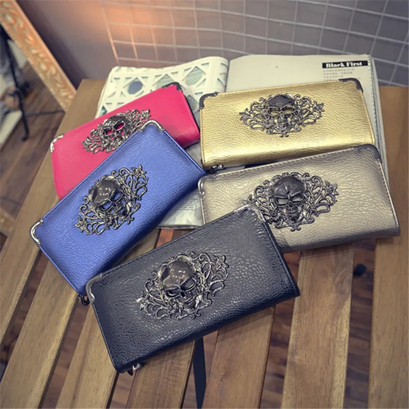 

Metal Skull Pattern Long Wallets Ladies Handbag Zipper Skeleton Purse Clutch Card Holder Wallet Carteira Feminina