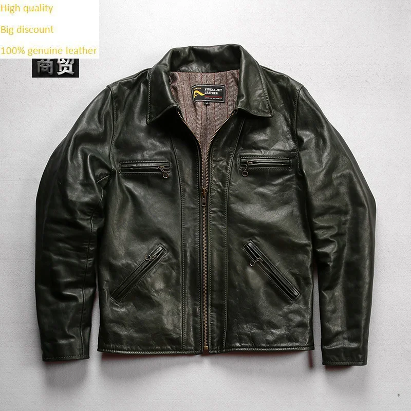 

genuine luxury 100% Casual Ami khaki motorcycle men's lapel A green vegetable tanned horse leather jacket high quality