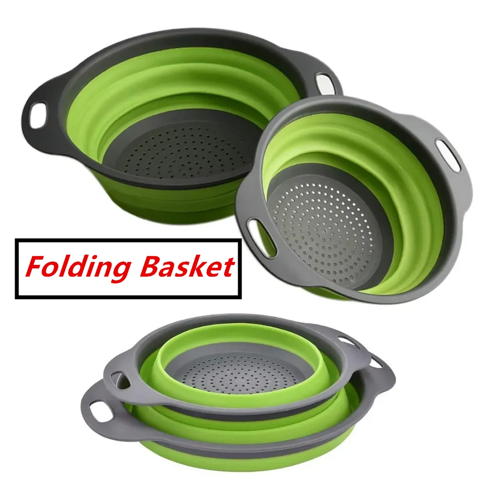 

Silicone Food Drain Basket Round Folding Vegetable Fruit Washing Drain Basket Colander Strainer Collapsible Drainer Kitchen Tool