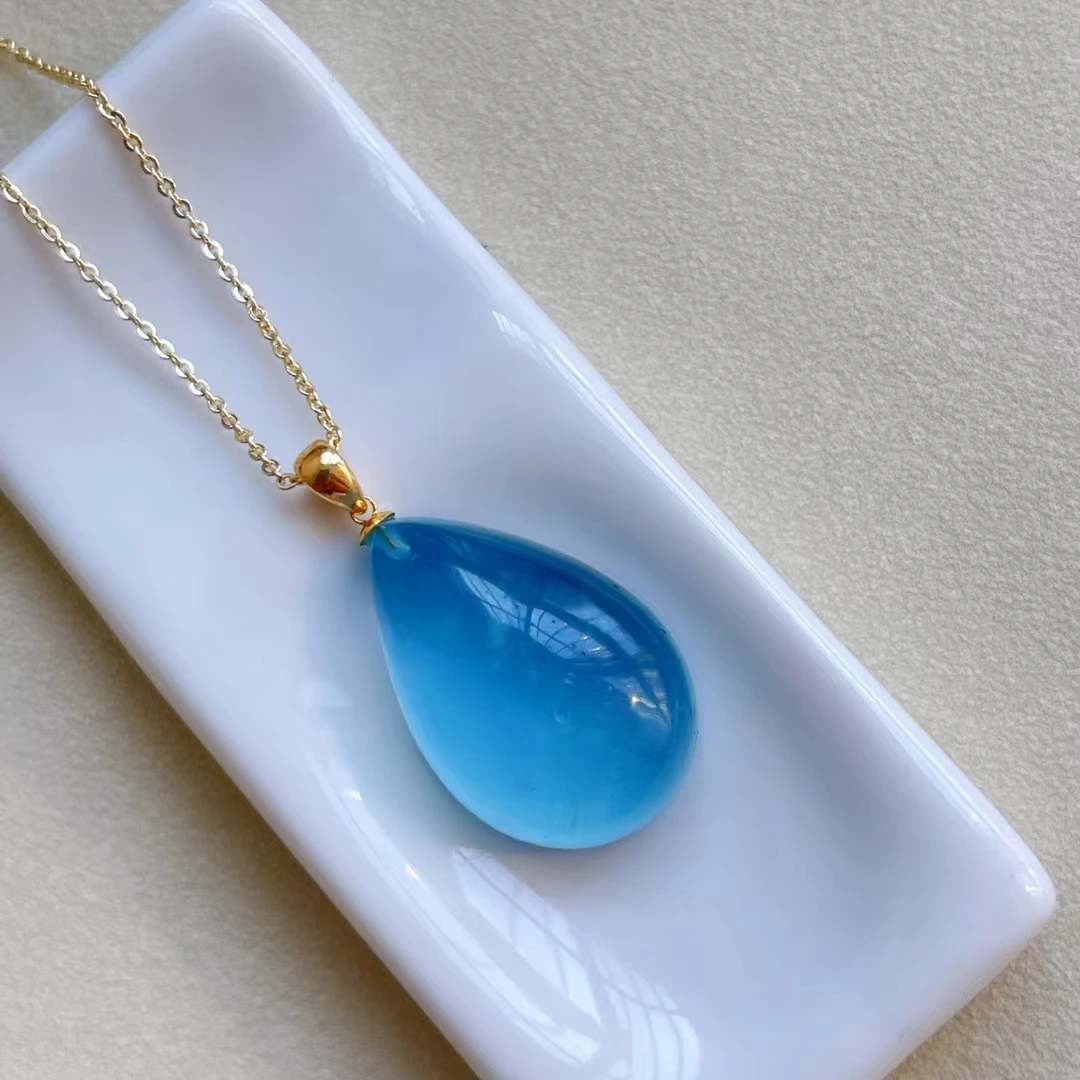 

Genuine Natural Blue Aquamarine Quartz Pendant 24.5*16mm Brazil Jewelry 18K Gold Deep Blue Aquamarine Oval Necklace AAAAA