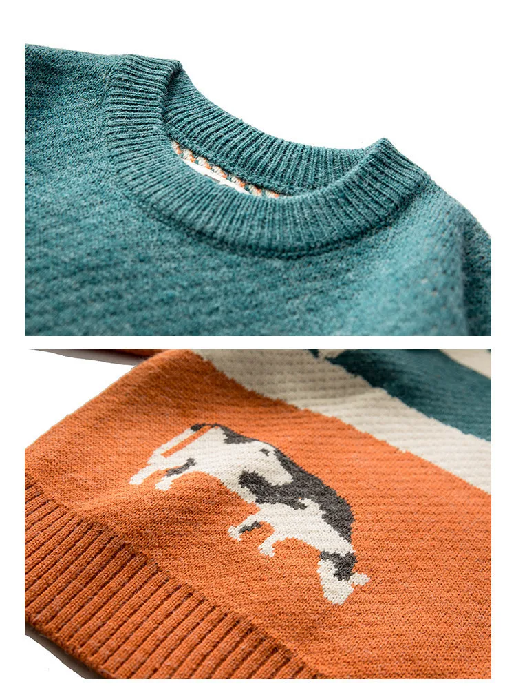 Harajuku Cow and Prairie Man Knitted Sweaters Literary Style O-Neck Long Sleeve Thick Warm Pullovers Green Plush Loose Jumpers