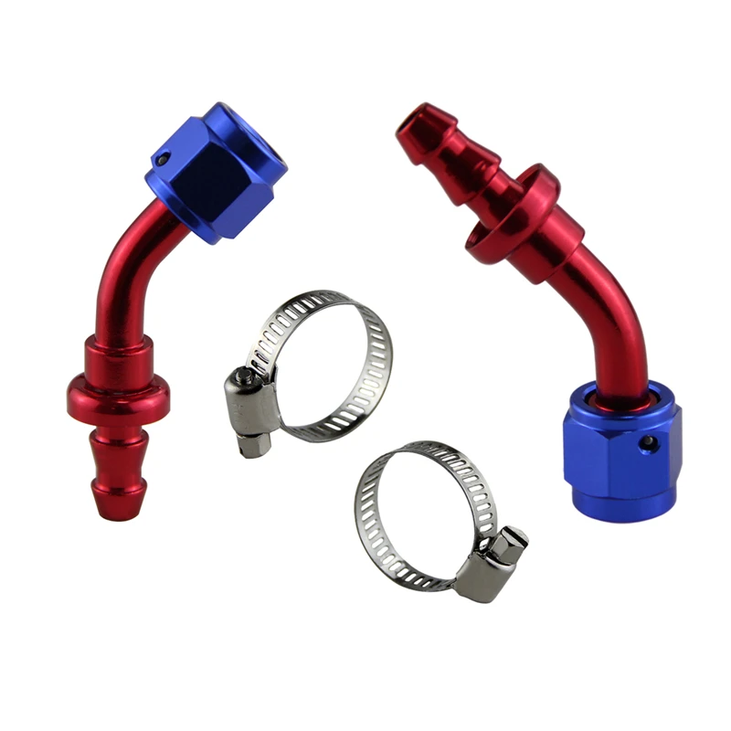

2PCS 45 Degree Swivel Female AN4 7/16"-20 AluminumThread to barbPush On Barb Hose End Oil Fuel Line Fitting with Clamp