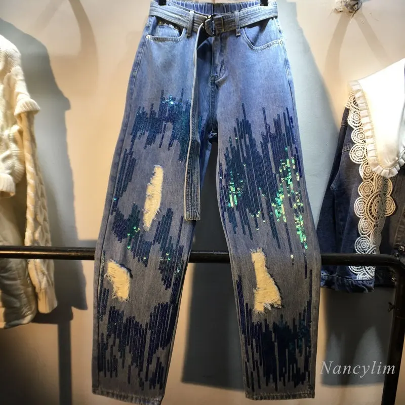 

New Heavy Embroidery Sequins Jeans for Woman 2023 Spring Washed and Frayed High Waist Slimming and Straight Jeans Women's Pants