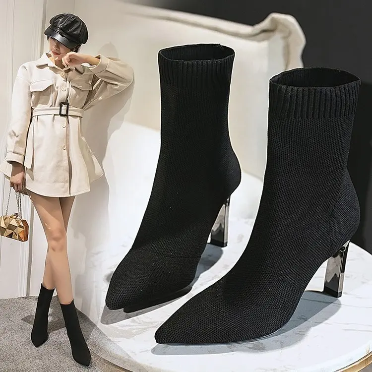 

Женская зимняя обувь, Осенняя обувь, роскошные дизайнерские Сабо до середины икры, большой размер, высокий каблук, заостренный носок, La, 2023