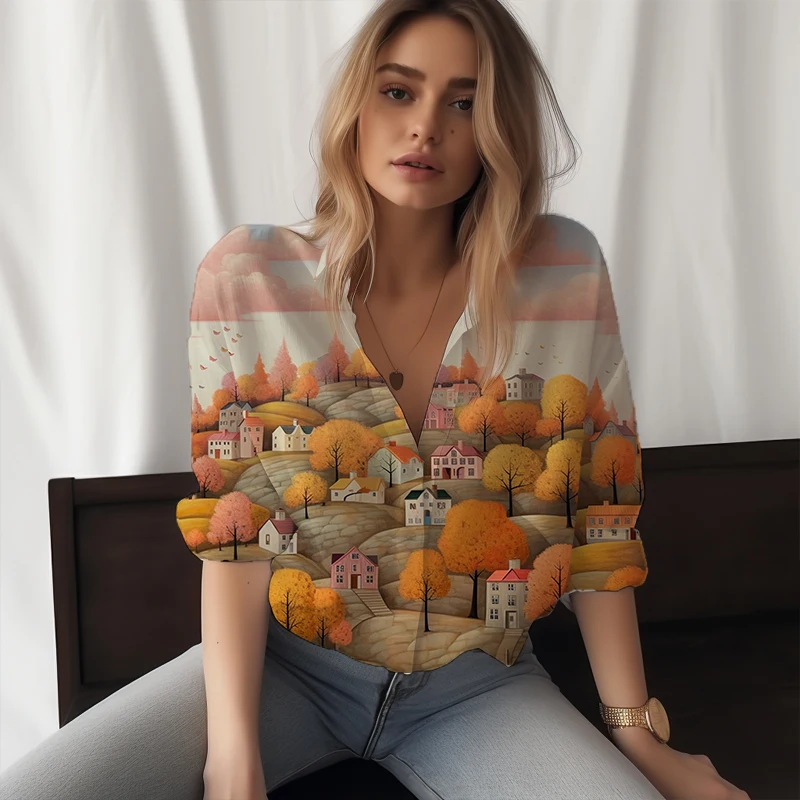 

Summer new ladies shirt city house 3D printed lady shirt casual style beautiful ladies shirt fashion trend women shirt