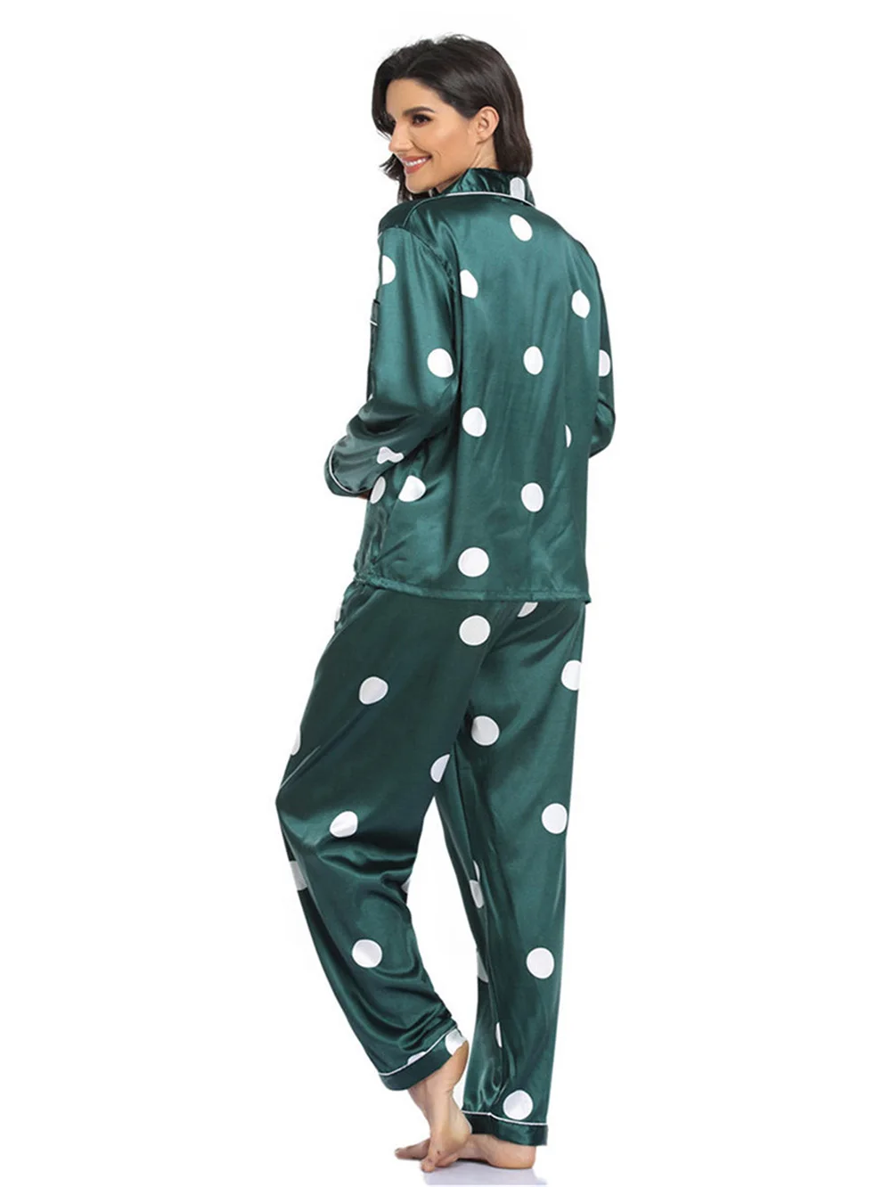 Women Pajamas Set Print Dots Button Down Sleepwear Long Sleeve Nightwear Pants Loungewear Sexy Lingerie Nightwear Satin Leisure