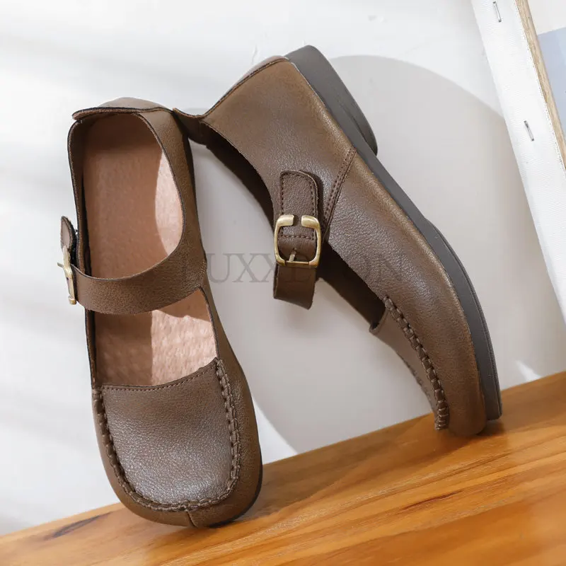 Genuine Leather Mary Jane Shoes For Women Spring Luxury Designers Handmade Sewing Soft Sole Buckle Ladies Retro Shoes