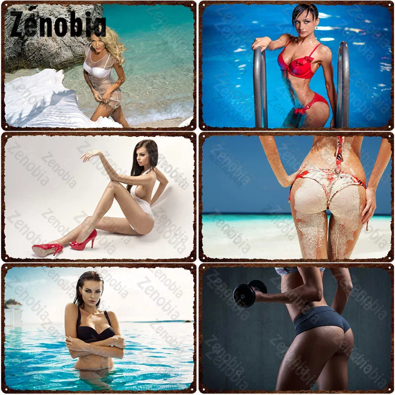 

Metal Sign Wall Decor Sexy Fitness Woman Metal Poster Beautiful Woman In Bikini On The Beach Vintage Plaque Bar Pub Club Decor