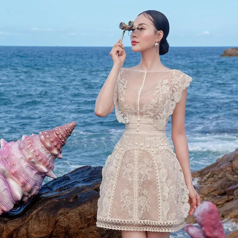 

Vietnamese Designer Women's Palace Embroidery Flower Short Lace Dresses 2022 Summer New Brand Elegant Apricot Party Dress