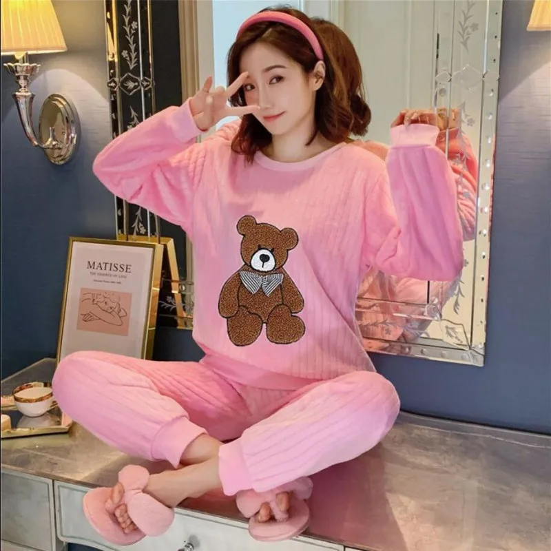 Women's Winter Warm Flannel Pajamas Set Korean Elegant Loose Cute Cartoon Sleepwear Home Clothes Two-piece Suit Femlae Pijama