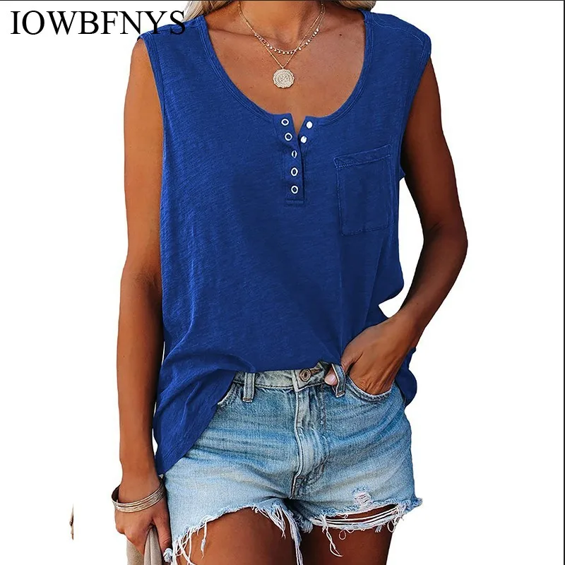 

2022 Tank Top with U Neck Women Tshirt Sleeveless Vest Summer Solid Color Button Loose Ladies Casual Top Tees Women Top