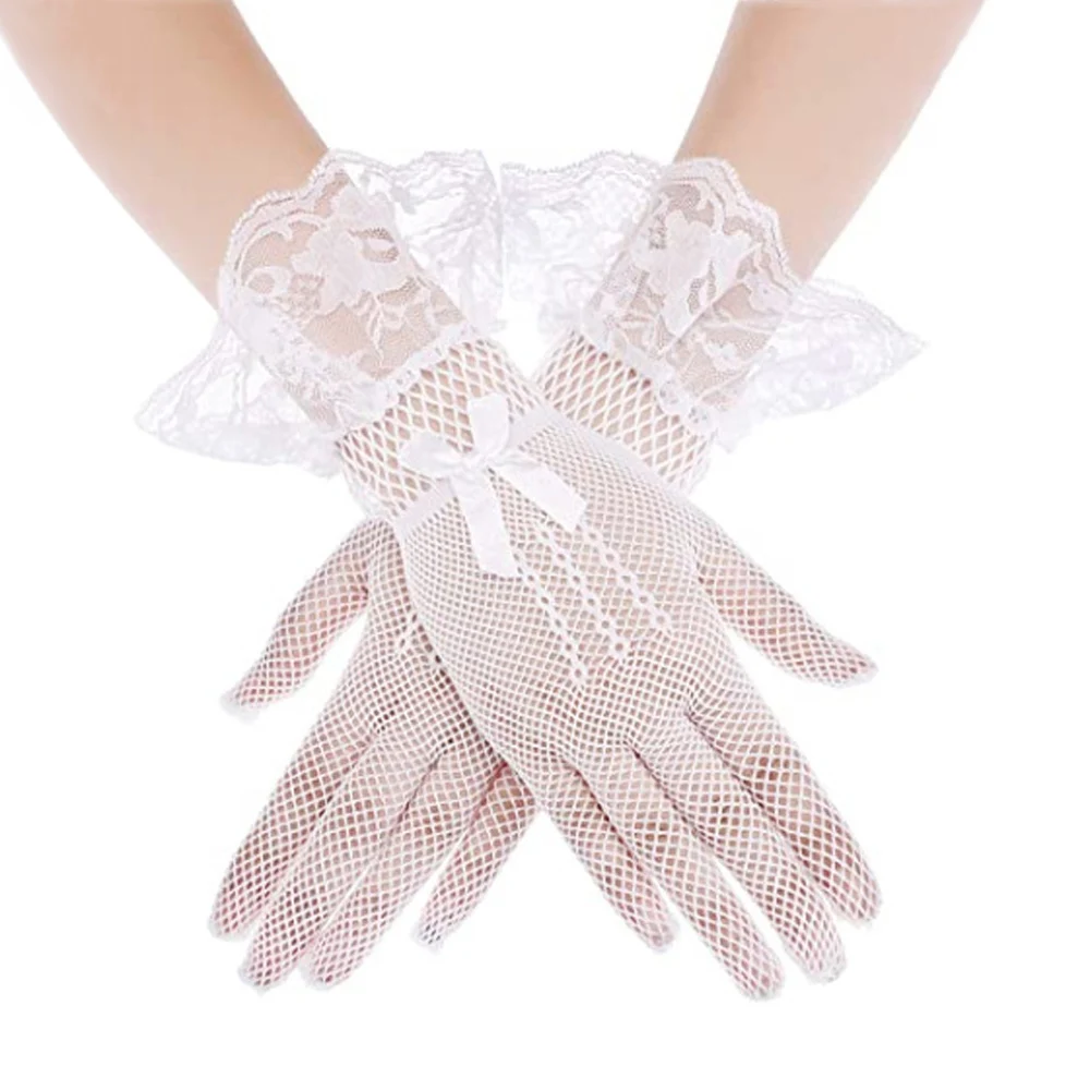 

Women Lace Mesh Gloves Fashion Sexy Bow Black/White/Red Transparent Thin Elastic Wedding Party Elegant Lady Mittens