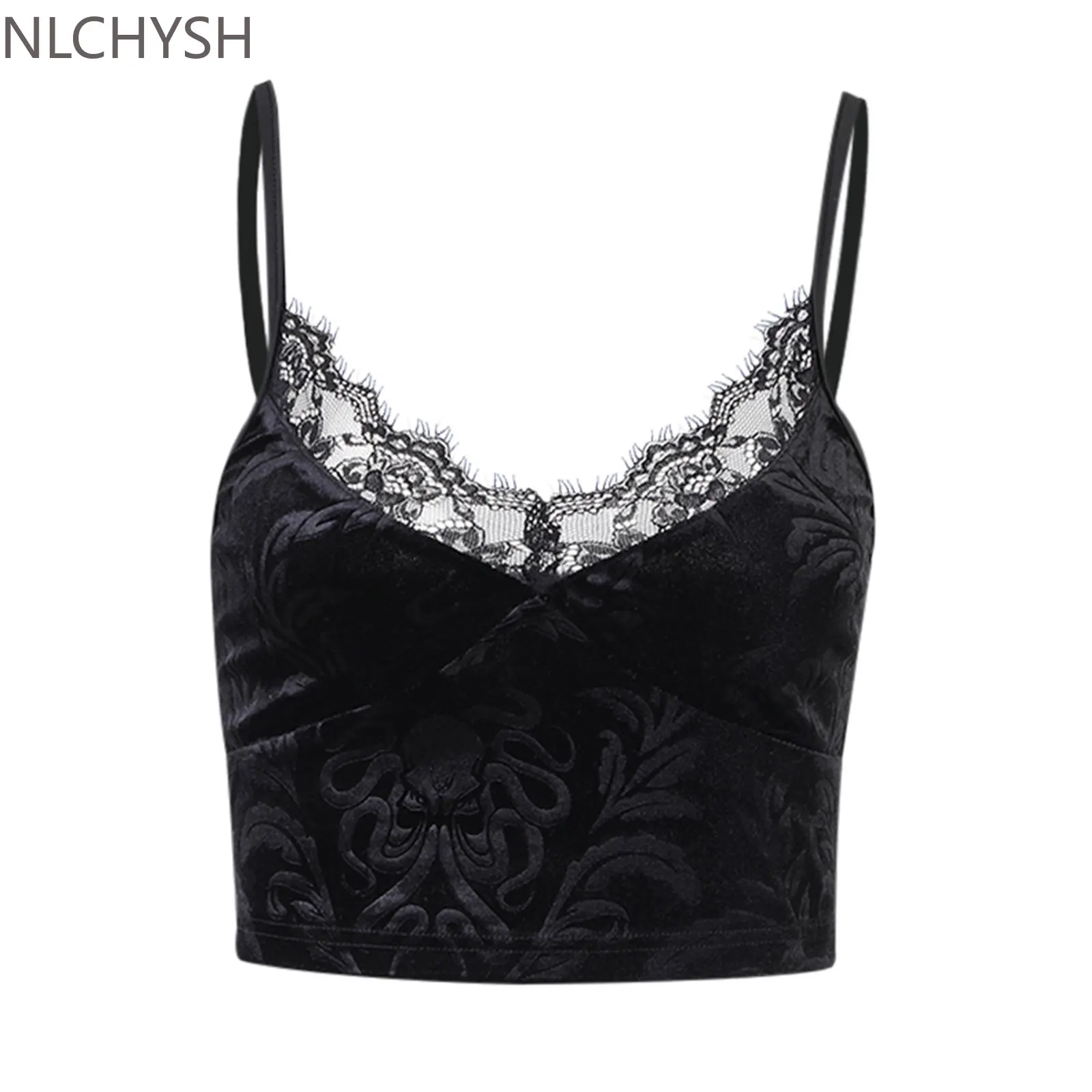 

Women Casual Sexy Camisole Black Floral Lace Hem V-neck Sleeveless Camis Gothic Crop Tops Ladies Tank Tops Skinny Clubwear