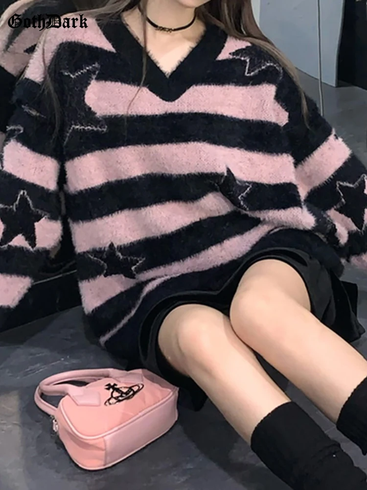 

Goth Dark Harajuku Pastel Gothic Striped Star Sweaters Women Winter Warm E-girl Knit Pullover Oversize Detachable Sleeve Vests