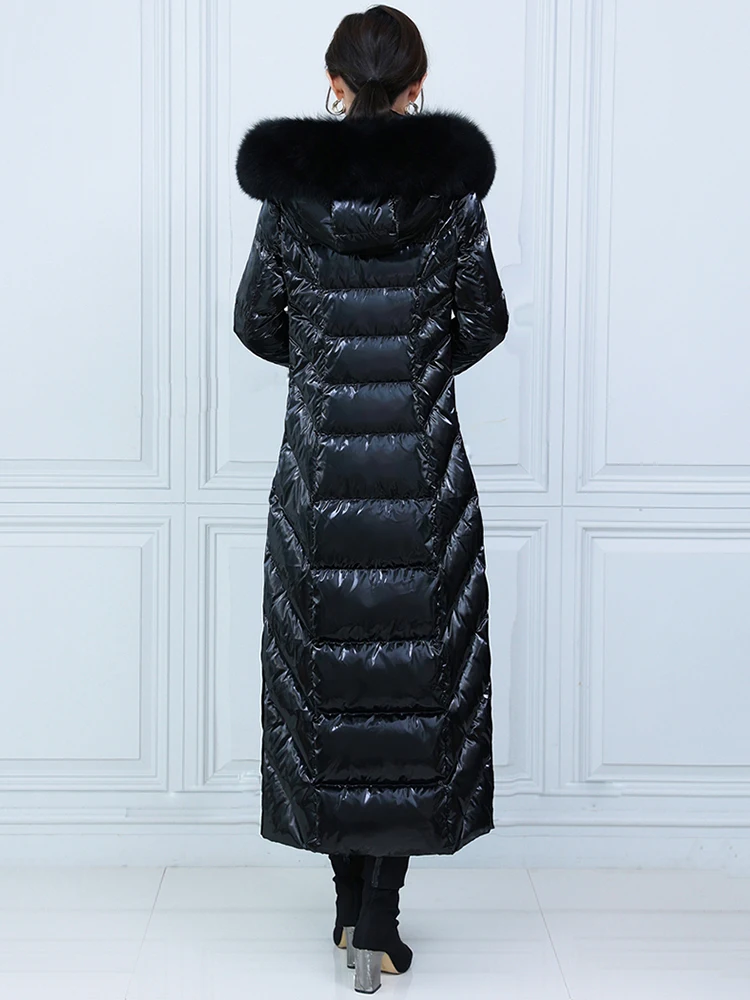 New Women Wash Free Down Coat Winter Fashion Glossy Surface Real Fox Fur Collar Lengthened Thicken Down Jacket Slim Overcoat