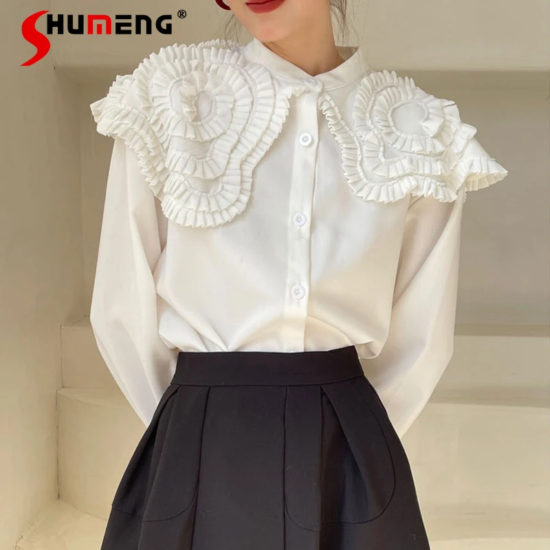 

French High-Grade Heavy Pleated Large Lapel Shirt Women 2022 Spring New Clothes Loose Fashion Palace Style Office ladies Blouse
