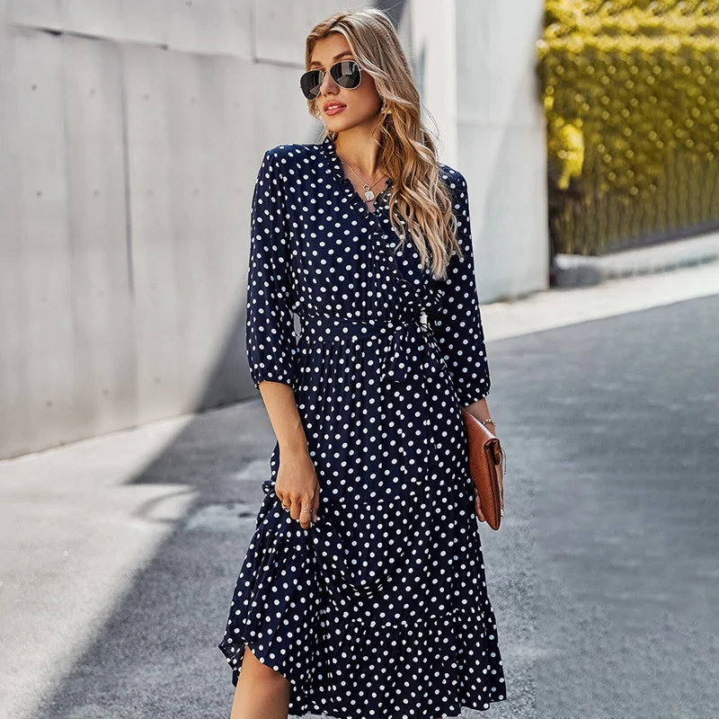 

Polka Dot Women Party Dress Three Quarter a Line V Neck Sash Elegant Dress Holiday Retro Ruffles Midi Dress