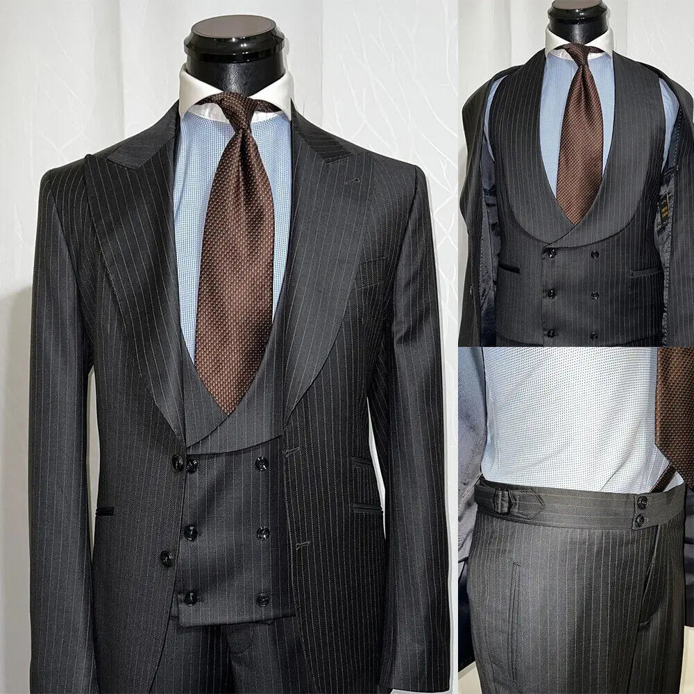 

Black Pinstripe Men Suit Tailor-Made 3 Pieces Blazer Vest Pants Single Breasted Slim Formal Business Causal Party Host Tailored