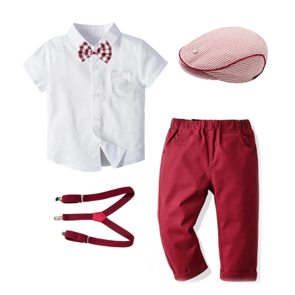 

Boys Clothes Toddler Kids Formal Set 1 2 3 4 5 Years Short Sleeve White Shirt Red Pants Striped Cup Baby Outfits Suit
