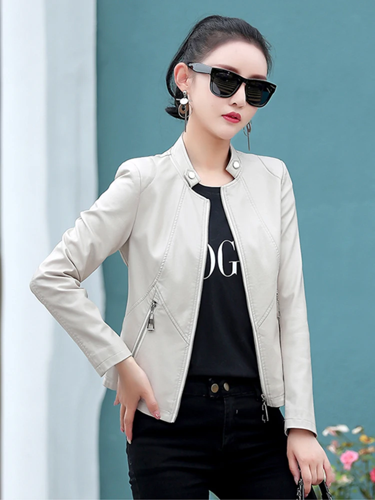 New Women Leather Jacket Spring Autumn Fashion Small Stand Collar Slim Waist Split Leather Short Coat Pink Sheepskin Outerwear