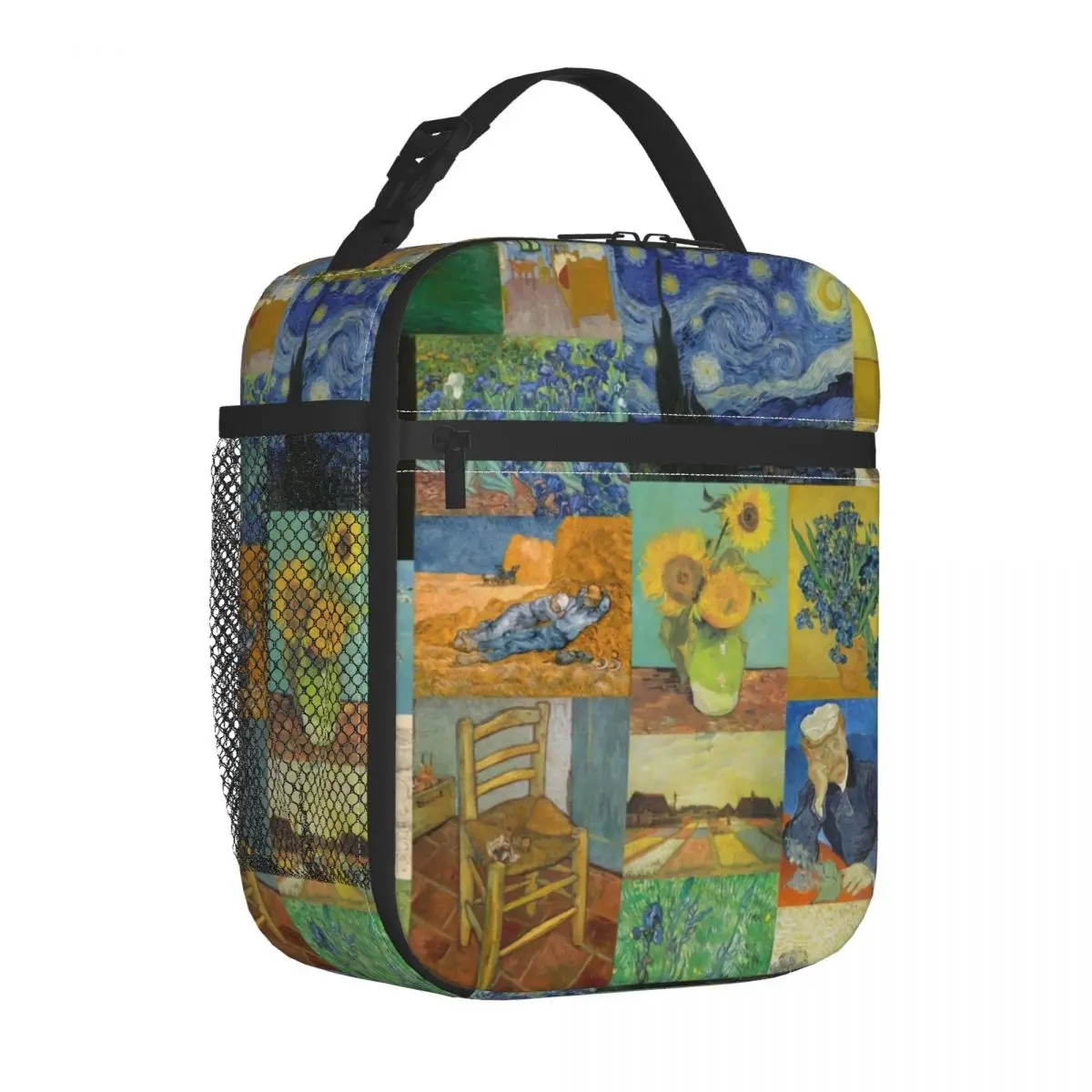 

Van Gogh Collage Lunch Bag with Handle Sunflowers Print Food Mesh Pocket Cooler Bag Elegant Cooling Beach Thermal Bag