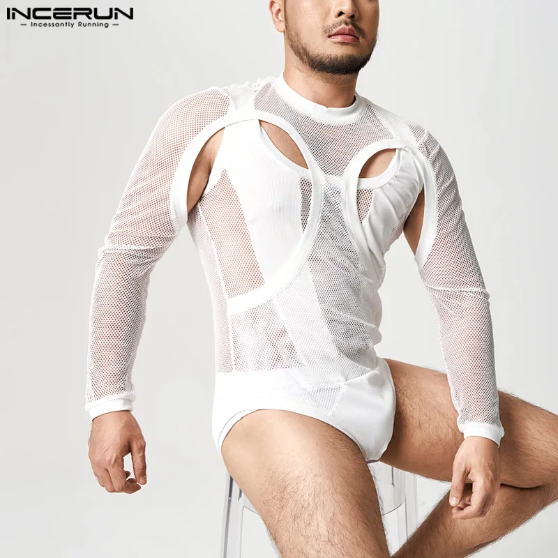 2023 Men Bodysuits Mesh Patchwork See Through Pajamas O-neck Long Sleeve Skinny Rompers Underwear Sexy Bodysuit INCERUN S-5XL
