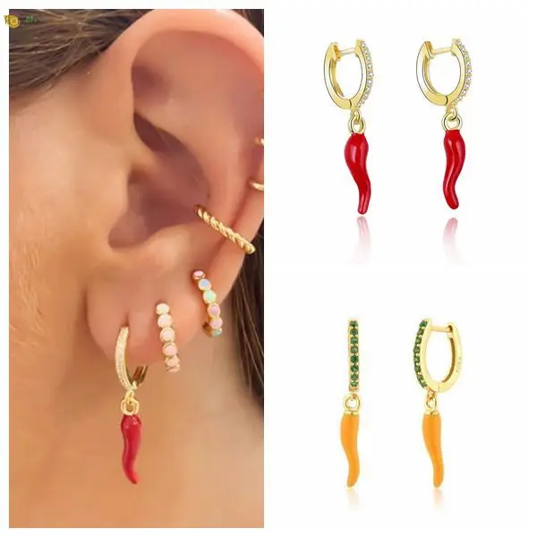 

925 Sterling Silver Ear Buckle Enamel Hoop Earrings for Women Cute Chili Pendant Piercing Ohrringe Pave Zircon Earrings Jewelry