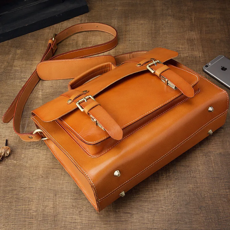 Vintage high quality natural genuine leather men's briefcase casual cowhide handbag business luxury work shoulder messenger bag